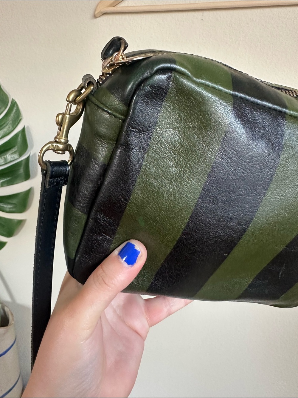 Clare V Striped Leather Crossbody Midi Sac Bag in Black/Fern Stripe - Picture 13 of 16
